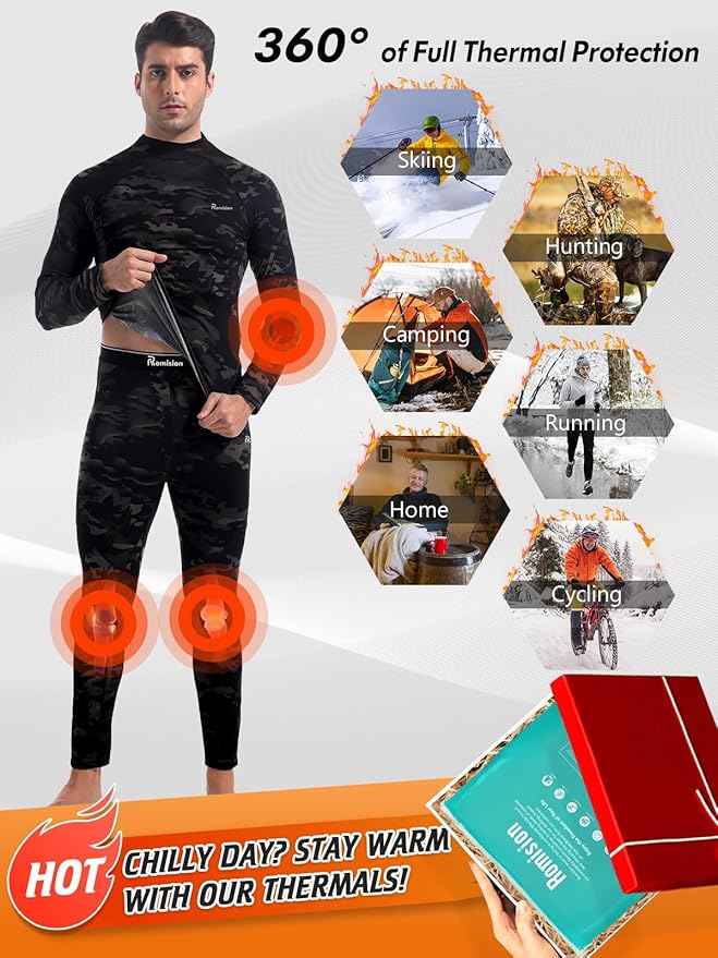 romision Thermal Underwear for Men Long Johns Fleece Lined Hunting Gear Bottom Top Set Base Layer for Cold Weather Gift