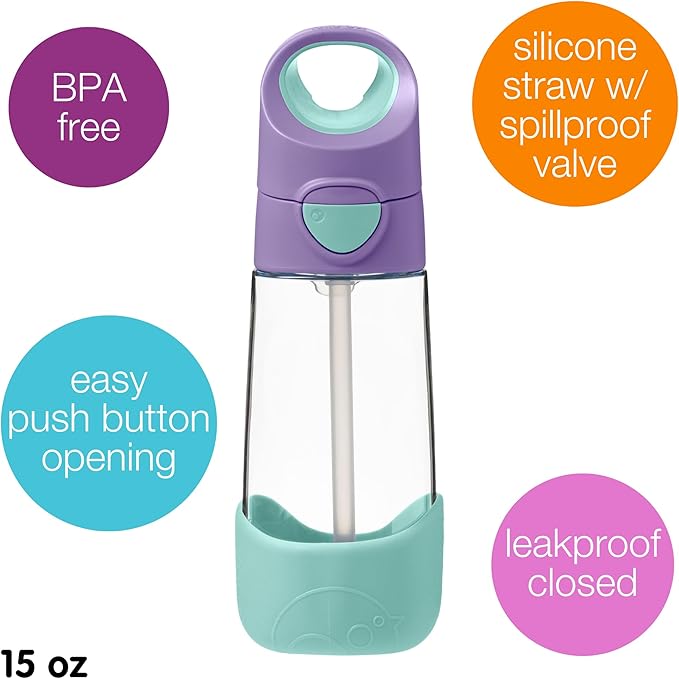 b.box Kids Water Bottle – Tritan Toddler Drink Bottle with Straw for School, Daycare, Travel w/Easy-Grip Triangular Design, Leak Proof Lid & Handle, BPA Free, Dishwasher Safe (Lilac Pop)