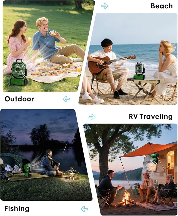 Camping Fan, Portable Fan 20000mAh Rechargeable Battery Powered Fans, Quiet 4-Speeds, 4-LED Light,360° Hanging Hook for Outdoor Picnic Tent Beach Travel Barbecue, Green