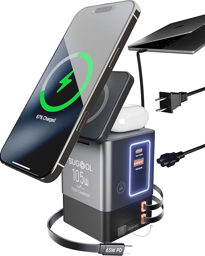 Retractable Charger with Wall Plug, 105W GaN 6-in-1 Charging Station with Magnetic Pad – MagSafe Compatible USB-C/Type-C Fast Charging Charger for iPhone, AirPods, MacBook