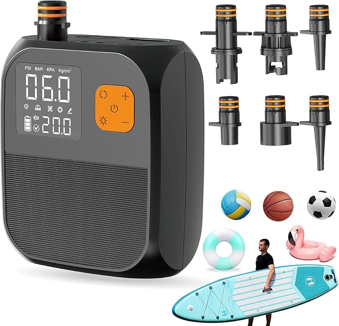 Fisca Paddle Board Pump, 25PSI Portable Rechargeable SUP Air Pump, Quick Inflate & Deflate/Auto Off & Car Adapter Electric Air Compressor for Stand up Paddle Boards,Kayak,Tent