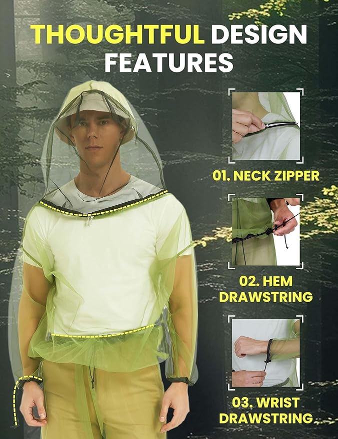HENNCHEE Mosquito Suits for Adult, Mesh Net Bug Hooded Jacket Pant, Outdoor Full Body Protection Mosquito Proof Clothing