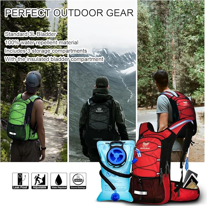 Insulated Hydration Backpack Pack with 3L BPA Free Leak Proof Water Bladder, Large Storage Lightweight Hiking Daypack with Waist Pouches & Cooler Layer, for Running, Biking, Camping, Festival