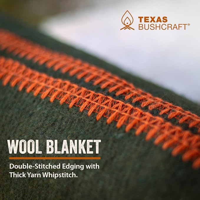 Texas Bushcraft Merino Wool Blanket for Camping Hiking and Backpacking – Water Fire Resistant Camp Car is Fast-Warming Durable with Double-Stitched Edging (66” x 90”) Burnt Orange