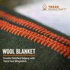 Texas Bushcraft Merino Wool Blanket for Camping Hiking and Backpacking – Water Fire Resistant Camp Car is Fast-Warming Durable with Double-Stitched Edging (66” x 90”) Burnt Orange