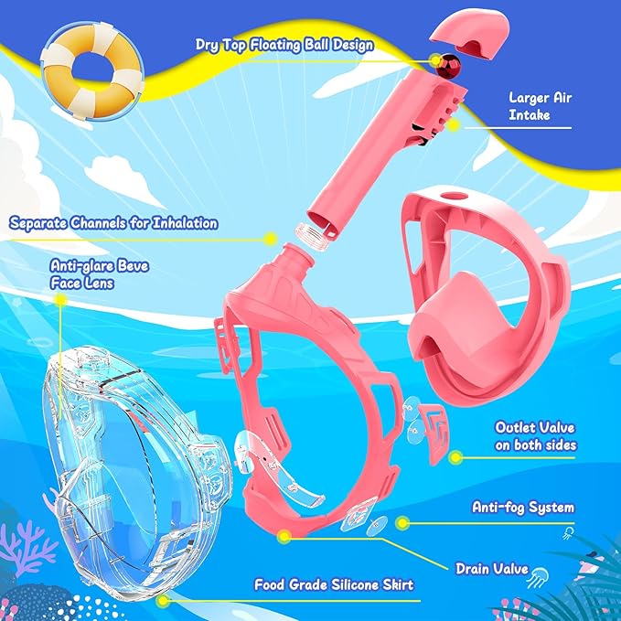 Kids Full Face Snorkel Mask, Snorkeling Gear for Kids, Kids Scuba Mask and Snorkel, Diving Mask, Snorkeling Set, 180 Degree Panoramic View Anti-Fog Anti-Leak