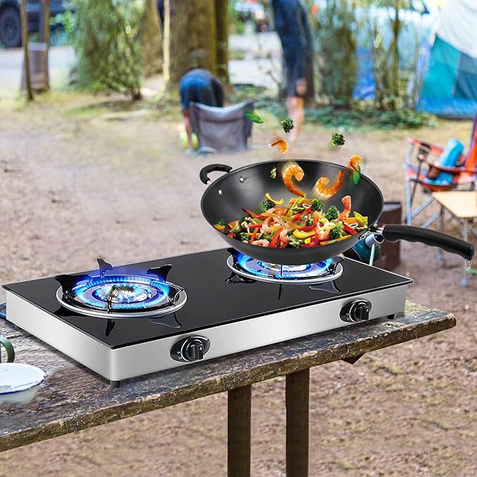 forimo Propane Gas Cooktop 2 Burners Gas Stove portable gas stove Tempered Glass Double Burners Stove Auto Ignition Camping Double Burner LPG for RV,Apartments,Outdoor