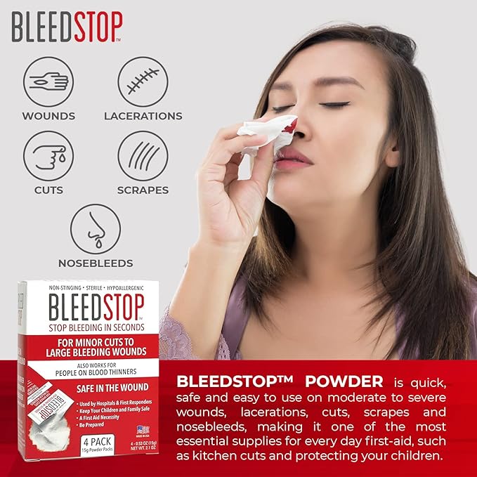 BleedStop™ First Aid Powder for Blood Clotting, Trauma Kit, Blood Thinner Patients, Camping Safety, and Survival Equipment for Moderate to Severe Bleeding Wounds or Nosebleeds (Double 4 Pack 15g)