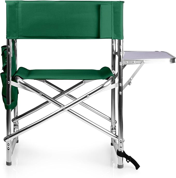 PICNIC TIME Sports Chair with Side Table, Outdoor Foldable Padded Adult Camping Chairs with Cup and Accessory Panel for Lawn, Beach, & Sports Use for Adults, up to 300-lbs Capacity, (Hunter Green)