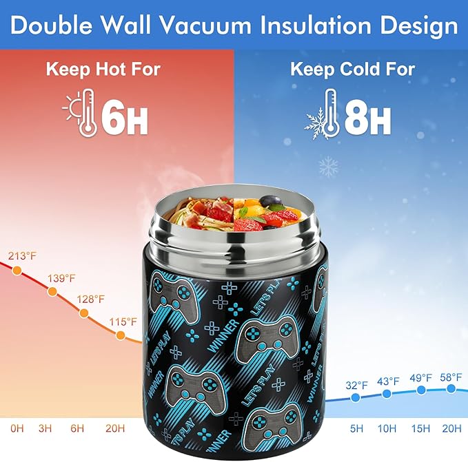 12oz Soup Thermo for Hot Food Kids Insulated Food Jar Wide Mouth Lunch Container Leak Proof Stainless Steel Vacuum for School Office Travel Outdoors Black-Gamepad