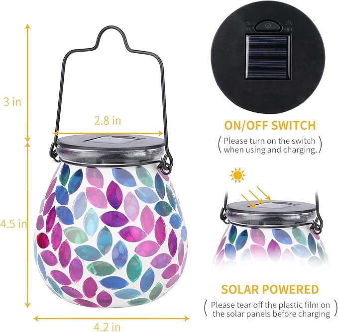 Afirst Mosaic Solar Lanterns Outdoor - Glass Hanging Solar Lights Hollow Out Waterproof Table Lamp Outdoor Decorative for Garden, Patio, Holiday Party Outdoor Decoration