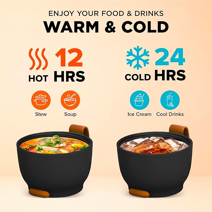 ENERGIFY Vacuum Insulated Food Jar. Large 17oz Bowl incl Folding Spoon, Cup. Wide Mouth Keep Hot & Cold Drinks Soup Lunch Container for Adults BPA-Free Stainless Steel, Leak Prooff Spiced copper