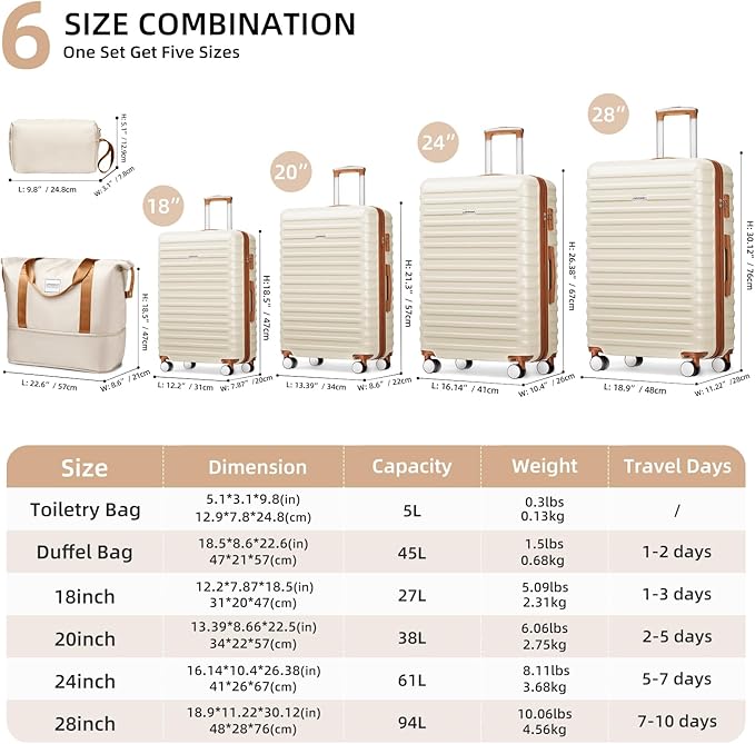 LARVENDER Luggage 6 Piece Expandable Luggage ABS Hardshell Carry on Suitcase with Spinner Wheels TSA Lock, Large Checked Travel Suitcase for Women and Men, Cream White(16/20/24/28/DB/TB)