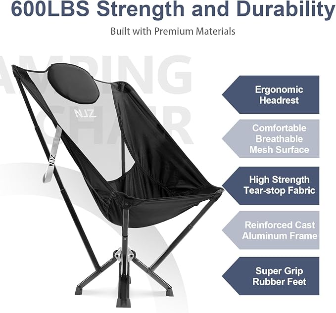 High Back Camping Chair,Outdoor Comfortable Chair for 600 LBS Capacity Oversized Camping Chair with Comfortable Backrest & Headrest, Quick Setup - Compact Folding Chair(Black)