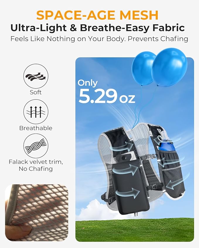 Running Vest for Women Men, Lightweight Hydration Runner Vest with Transparent Waterproof Phone Pocket, 17oz Soft Flask, Adjustable Chest Straps Reflective Backpack for Hiking Cycling Jogging