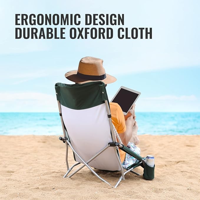 VILLEY Low Beach Chair, High Back Folding Adult Chair, Lightweight & Portable for Outdoor, Beach, Camping, Lawn, Music Festival, with Cup Holder & Carry Bag - Vintage Green Leaves
