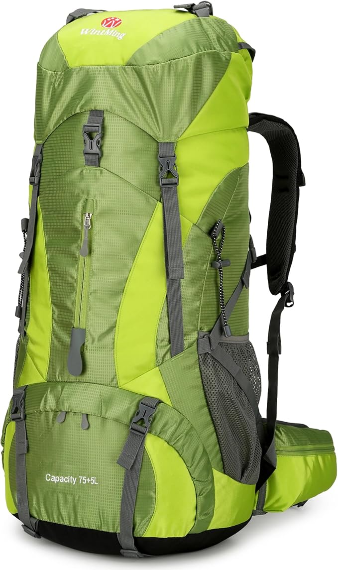 WintMing 75L Hiking Backpack with Rain Cover Waterproof Camping Backpack Shoes Warehouse for Men Women