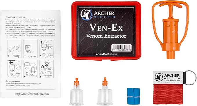 Archer MedTech Ven‑Ex Snake Bite & Bee Sting Kit – Portable Venom Extractor Pump with 2 Suction Cups, Tourniquet & Bonus Key‑chain CPR Face Shield – Compact First Aid for Hiking, Camping & Backpacking