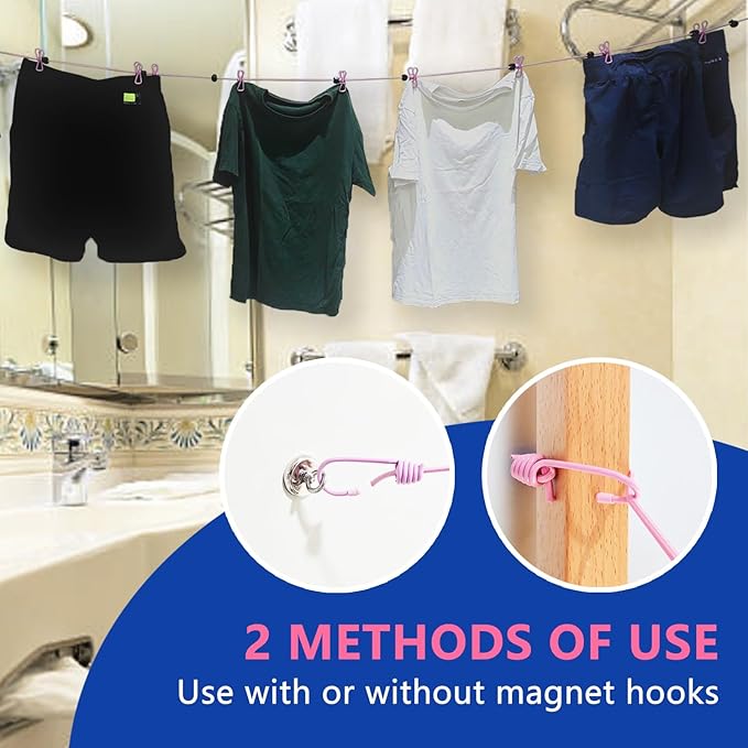 Magnetic Retractable Clothes Line for Cabin - Approved 2025 2026 Cruise Essentials Clothes Drying Rack Travel Clothesline with Clothespins -4 Luggage Tags Strong Magnets Hooks (White)