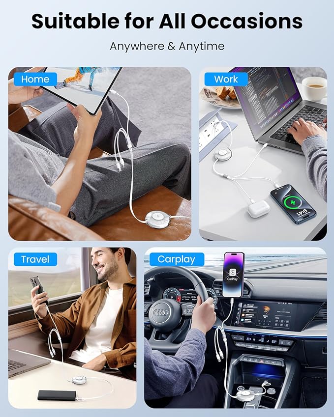 100W Multi USB Charging Cable, 6-in-1 Retractable USB C/Lightning/Micro Multi Charger Cords for iPhones, iPads, MacBook, Tablets, Galaxy, Note & More - 4Ft/1.2M 5A Fast Charging, Portable, White