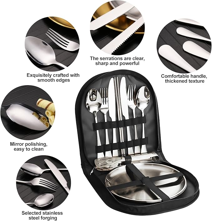 Camping Cutlery Set, 12-Piece Stainless Steel with Plates and Case, Portable Outdoor Dining Kit, Silver