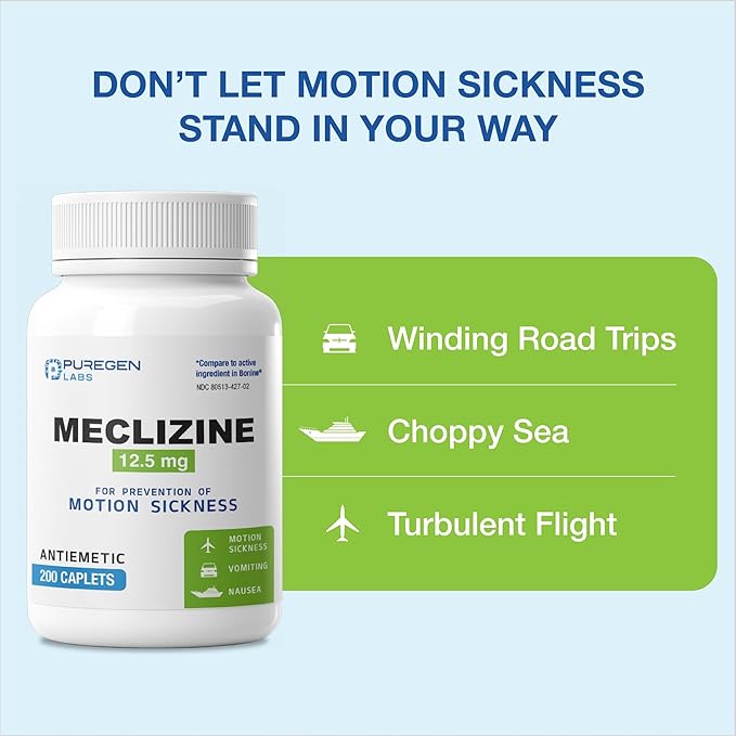 Puregen Labs Meclizine 12.5 mg Antiemetic 400 Caplets Total | Motion Sickness Relief - Prevent Nausea, Vomiting, and Dizziness | Dairy Free | Made in USA | Value Pack – 2 Pack