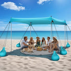 Beach Tent Sun Shelter, 10 x 10 FT Beach Canopy Tent Sun Shade, UPF50+ Tents Canopy with 8 Sandbags & 4 Stability Poles, Outdoor Tents for Camping Fishing, Light Blue