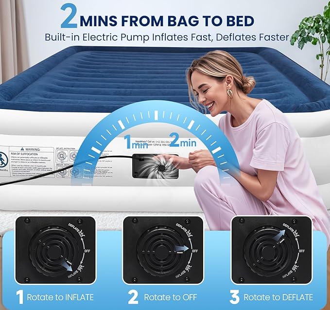 KINGJERRY Twin XL Air Mattress with Built-in Pump, 18" Raised Comfort, Upgraded 80" Length, Dual-Layer Leakproof, Support 500 lbs, 2 Min Inflation, Inflatable Blow-up Bed for Home Camping Guests