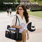 LOVEVOOK Tote Bag, Work Bags for Women with Large Cup Holder, Large Capacity Teacher Tote with Multi Pockets, Water Resistant Nurse Diaper Tote with Padded Laptop Compartment, 17.3 Inch Black