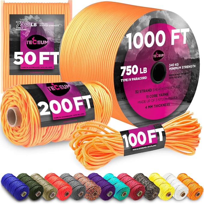 TECEUM 5/32" Paracord Rope 1000 – 1000ft / 200ft / 100ft / 50ft – Tactical Parachute Cord 4mm – 45+ Colors – Nylon String for Survival & Camping Gear – Stripe Cord for Survival – Utility Rope