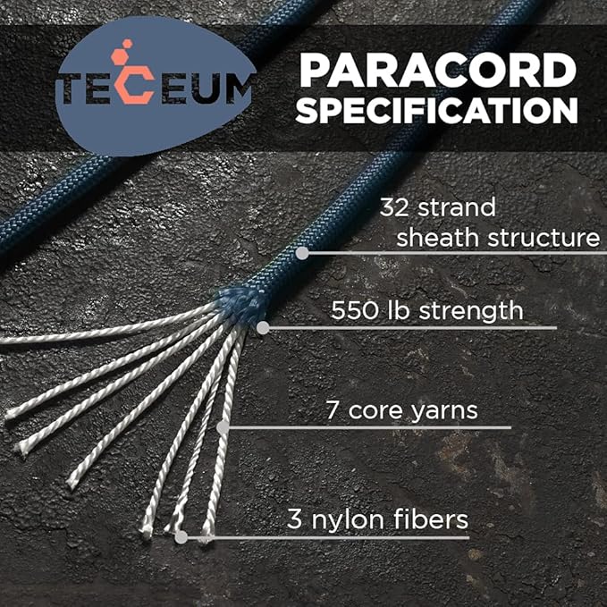 TECEUM 5/32" Paracord Rope 1000 – 1000ft / 200ft / 100ft / 50ft – Tactical Parachute Cord 4mm – 45+ Colors – Nylon String for Survival & Camping Gear – Stripe Cord for Survival – Utility Rope
