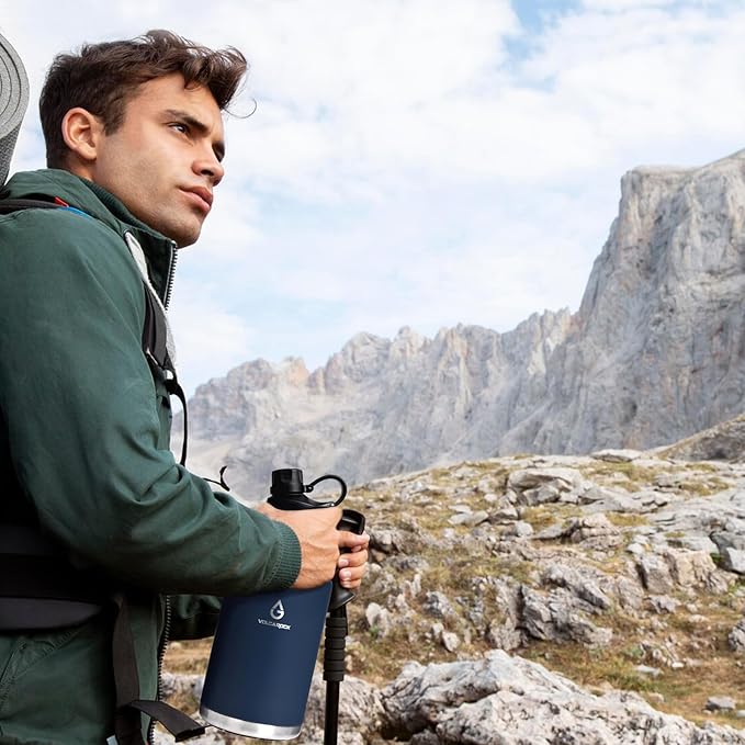 Insulated Water Bottle with Straw Lid Dustproof, 64 Oz Double Wall Stainless Steel Water Bottle for Hot and Cold Beverages, Leafproof BPA Free and Dishwasher Safe-64 Oz Navy Blue