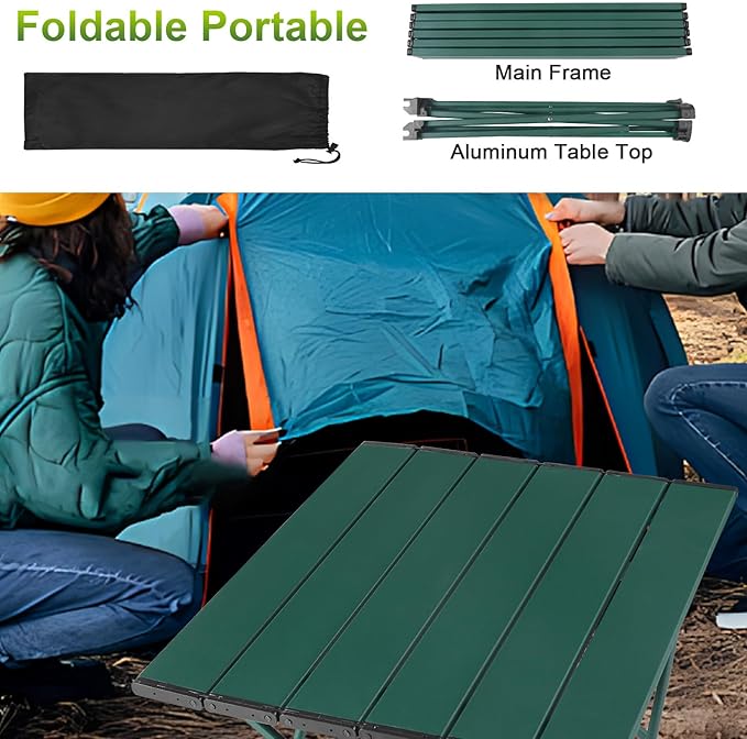 Tesouro Portable Camping Table,Folding Side Table Aluminum Top for Outdoor Cooking, Hiking, Travel, Picnic (Blackish Green-Medium)