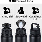 Oldley Insulated Water Bottle 20oz Water Bottles with Straw, Stainless Steel Water Bottle with 3 Lids, Double Wall Vacuum Bottles for Adult Kids, Sports Bottles for School Travel, Black