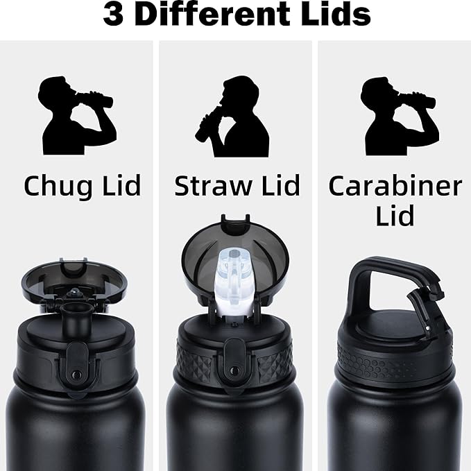 Oldley Insulated Water Bottle 20oz Water Bottles with Straw, Stainless Steel Water Bottle with 3 Lids, Double Wall Vacuum Bottles for Adult Kids, Sports Bottles for School Travel, Black