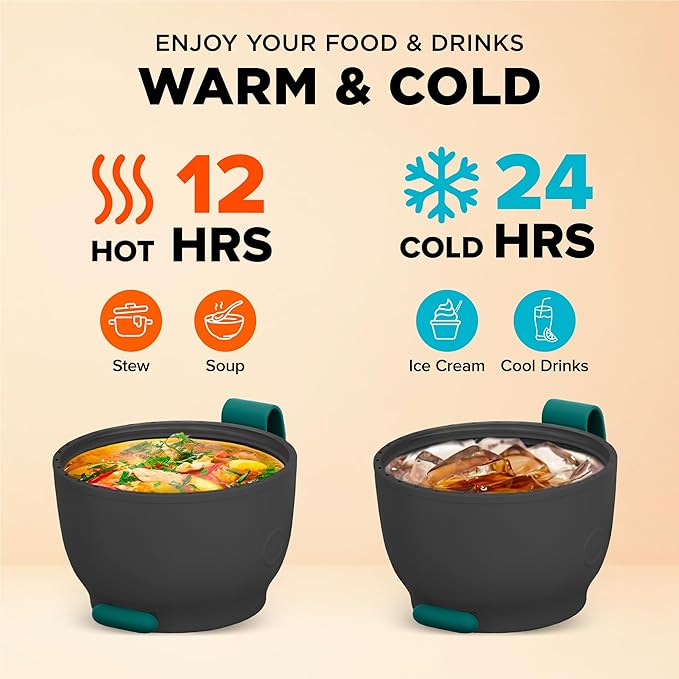 ENERGIFY Vacuum Insulated Food Jar. Large 17oz Bowl incl. Folding Spoon, Cup. Wide Mouth Keep Hot & Cold Drinks Soup Lunch Container for Adults. BPA-Free Stainless Steel, Leak Proof Olive Green