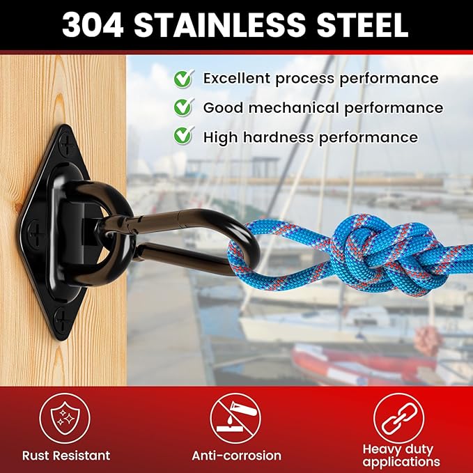 sprookber 304 Stainless Steel Pad Eye Snap Hooks, M8 Heavy Duty Ceiling Hook, 1200 lb Capacity Hammock Swing Hanging kit, Plant Hangers, Marine Hardware Staple Hook Loop with Screws, Set of 8(Black)