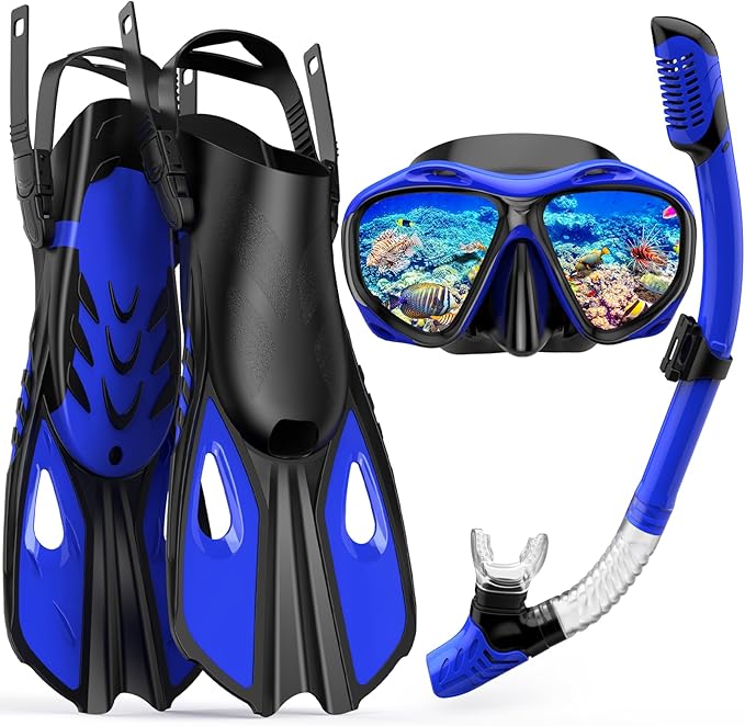 Snorkeling Gear for Adults Men Women, 3 in 1 Snorkel Set with Panoramic View Diving Mask Anti-Fog Anti-Leak, Snorkel Mask Dry Top Snorkel Fins for Swimming, Snorkeling and Travel Diving