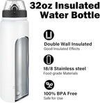 OLDLEY Insulated Water Bottle 32oz Water Bottles with Straw, Stainless Steel Water Bottle with 3 Lids, Double Wall Vacuum Bottles for Adult Kids, Sports Bottles for School Travel,White