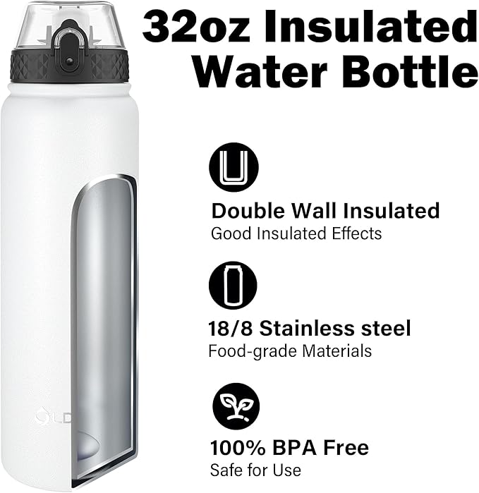 OLDLEY Insulated Water Bottle 32oz Water Bottles with Straw, Stainless Steel Water Bottle with 3 Lids, Double Wall Vacuum Bottles for Adult Kids, Sports Bottles for School Travel,White