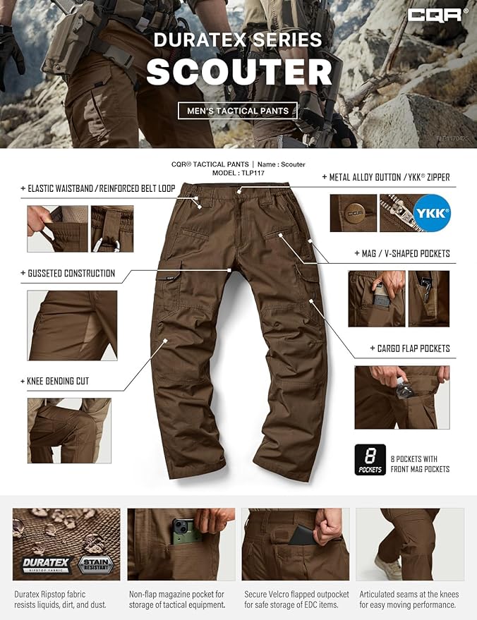 CQR Men's Tactical Pants, Water Resistant Ripstop Cargo Pants, Lightweight EDC Work Hiking Pants, Outdoor Apparel