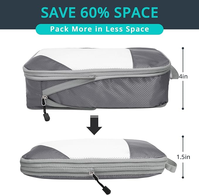 9 Set Compression Packing Cubes for Travel - Compressible, Lightweight, and Space-Saving Packing Cubes, Travel Essentials for Women, Grey