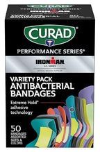 CURAD Performance Series IRONMAN Antibacterial Bandages, Extreme Hold Adhesive Technology, Finger & Knuckle Bandages, Flexible Fabric, Variety Pack with Assorted Sizes & Colors, 50 Count