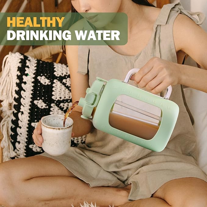 BLUEGO Water Bottle 64 oz Tumbler with Lid and Straw, Glass Water Bottle with Straw, Water Tumbler with Handle Half Gallon Water Jug Large Waterbottle for Daily Water Intake, BPA Free, Light Green