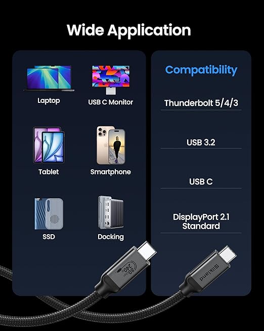 Silkland 80Gbps USB 4 for Thunderbolt 5 Cable 1FT, 240W PD 3.1 Charging, up to 120Gbps Bandwidth for Dual 8K, Braided USB C Data Cable Compatible Thunderbolt 4/5, SSD, MacBook M4 Pro, iPhone17/16,Dock
