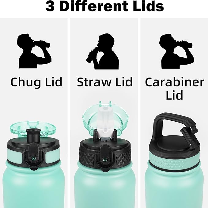 Insulated Water Bottle 20oz for Adults Kids Stainless Steel Water Bottles with Straw/Chug/Carabiner 3 Lids Fruit Strainer Double Wall Vacuum Wide Mouth BPA Free Sweat/Leak-Proof for School Travel