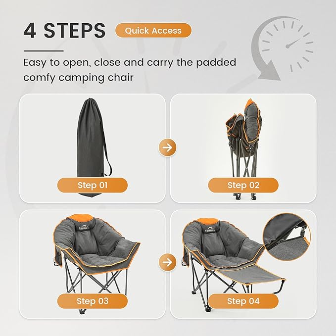 OUTDOOR LIVING SUNTIME Oversized Padded Comfy Camping Chair with Removable Footrest， Weight Capacity 400 LBS, Heavy Duty Moon Round Leisure Folding Chair for Camping, Hiking, Carry Bag, Orange