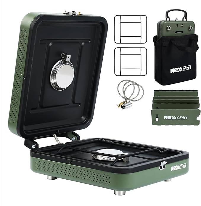 2 Burner Camping Stove with Carrying Bag, Foldable Propane Camp Stove with 17,200 BTU for Camping, Outdoor Cooking, Portable Gas Stove with Adjustable Burner for BBQ,Green with Windscreen