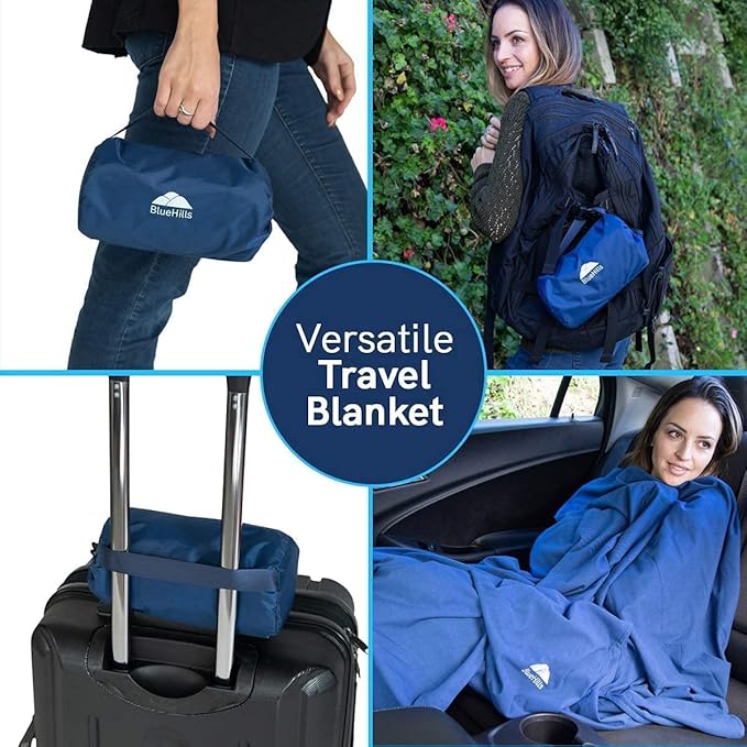 BlueHills Premium Soft Compact Travel Blanket Value Pack Set of 2 - Airplane Flight Blanket Throw in Soft with Luggage Belt Compact Pack Large Blanket for Travel Black and Navy Blue Color