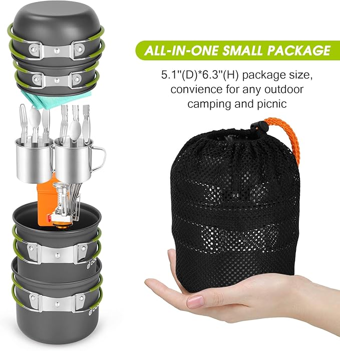 Odoland 16pcs Camping Cookware Mess Kit, Lightweight Pot Pan Mini Stove with 2 Cups, Fork Spoon Kits for Backpacking, Outdoor Camping Hiking and Picnic